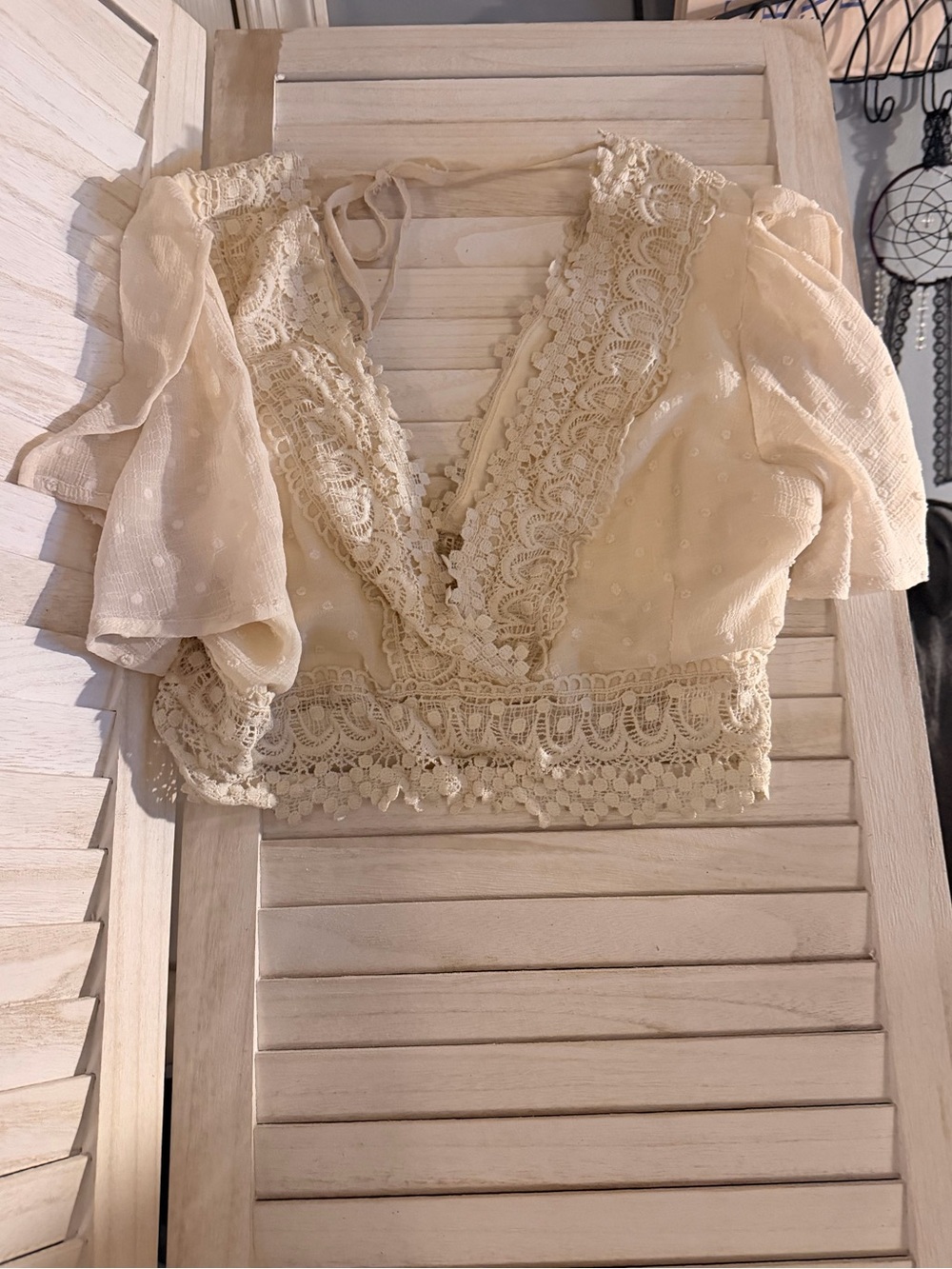 Hayden Cream Lace-Trim V-Neck Cropped Blouse